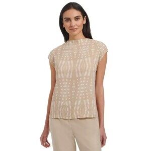 Calvin Klein Women's Printed Cap-Sleeve High Neck Top Latte White Size XS